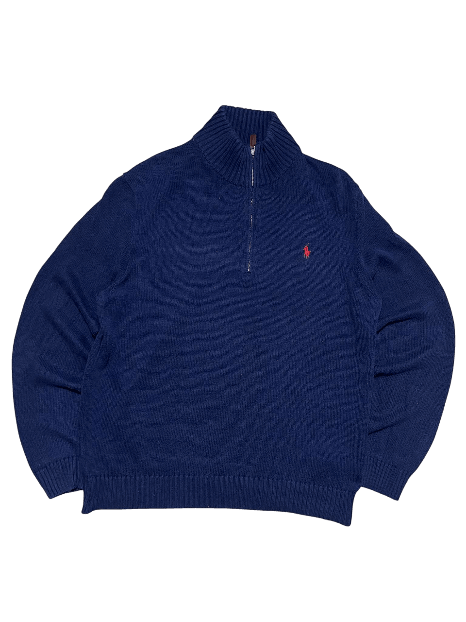 Sötétkék vintage negyedcipzáras pulóver hímzett logóval, streetwear stílus