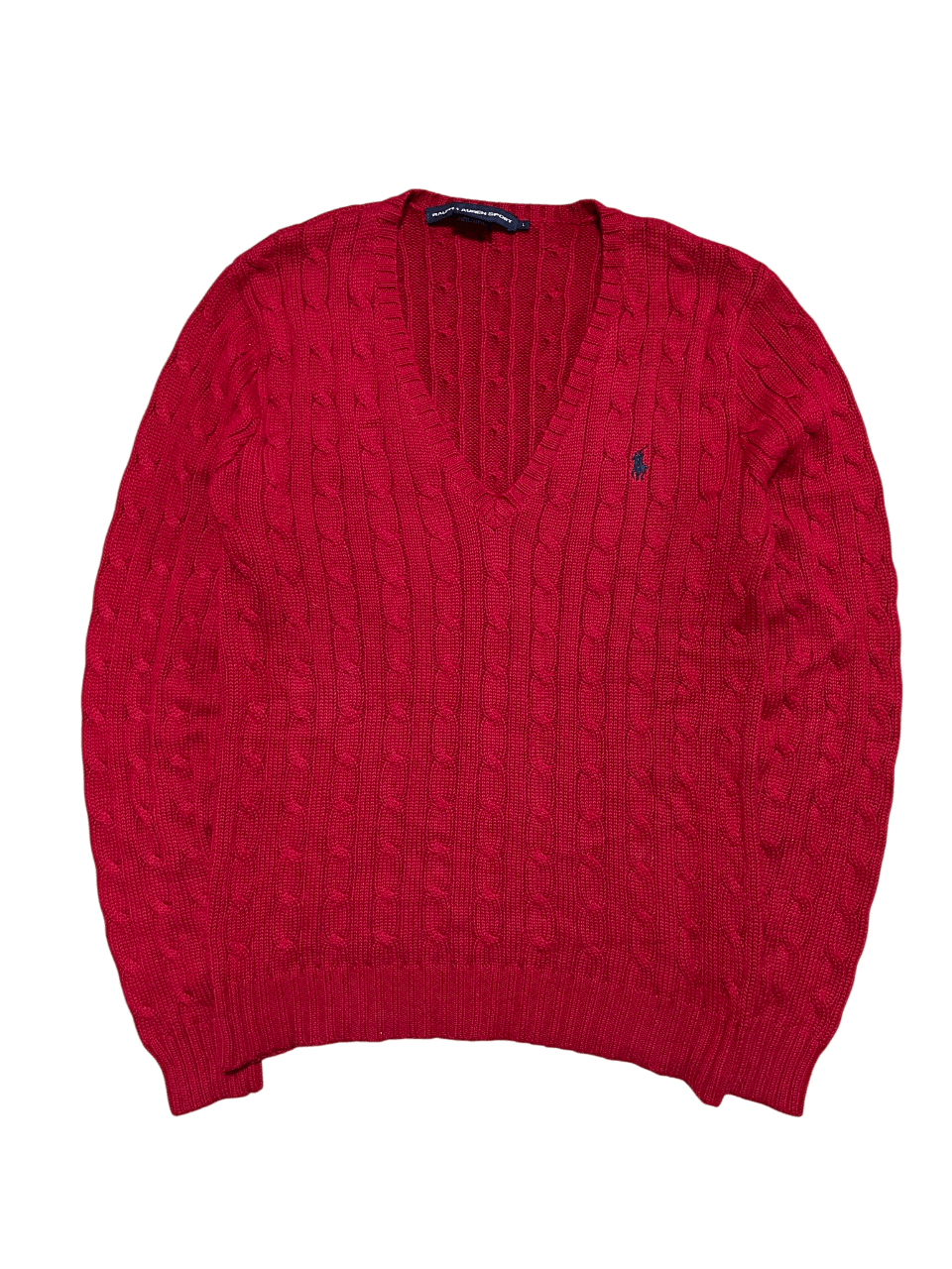 Női vintage piros kötött V-nyakú pulóver, hímzett logóval, streetwear stílusban