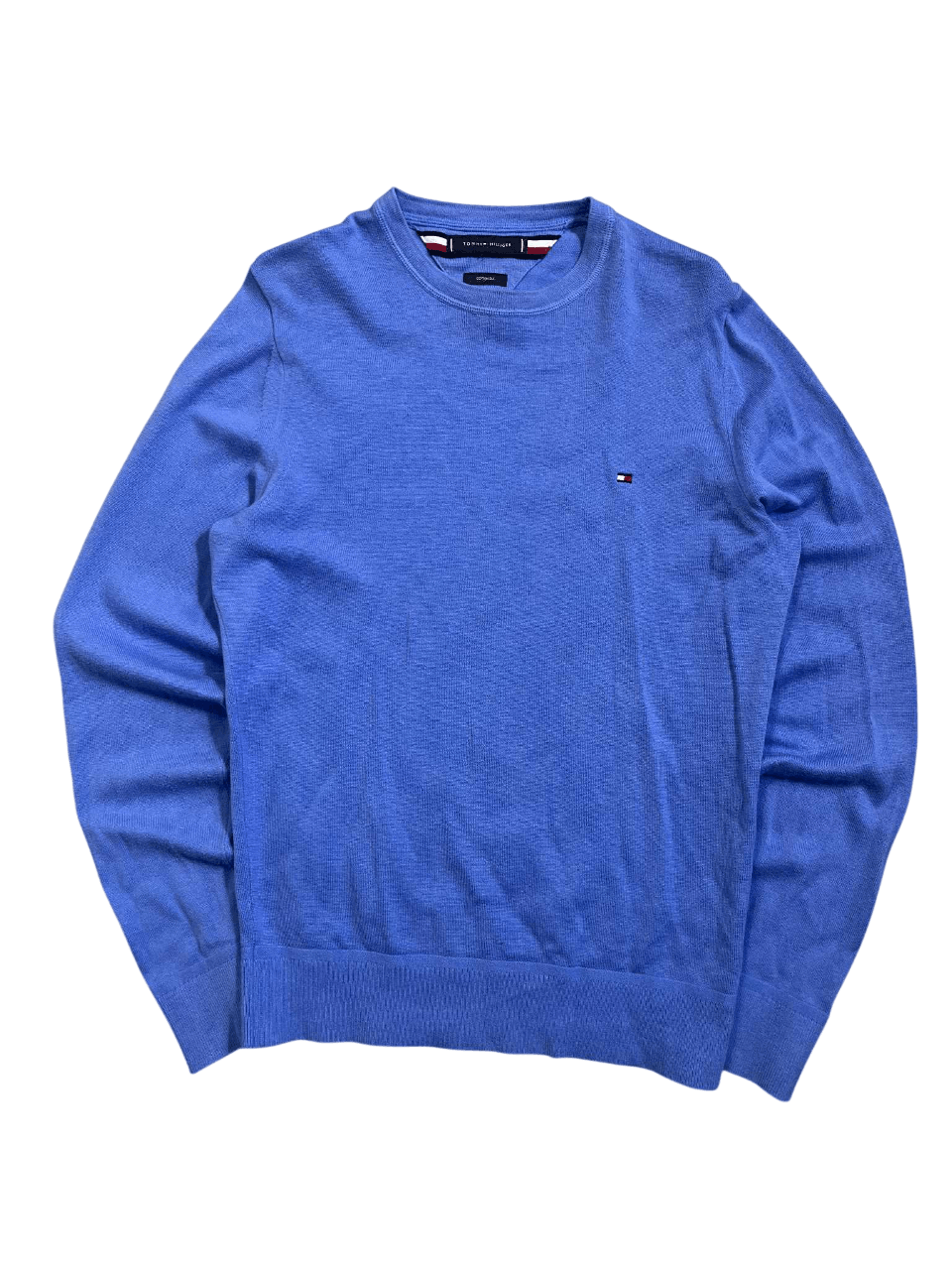 kék férfi pulóver, hímzett logóval, vintage streetwear stílus, hosszú ujjú felső