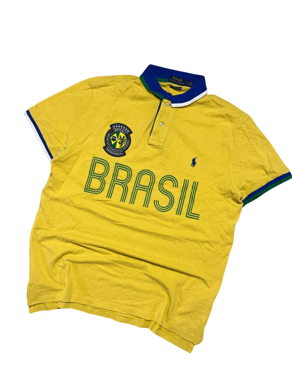 Sárga vintage Brasil feliratú rövid ujjú Polo Ralph Lauren galléros póló, streetwear stílusban.