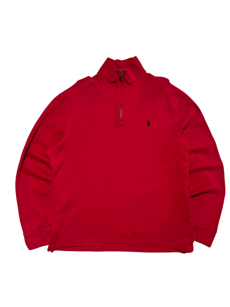 Piros vintage félcipzáras pulóver hímzett logóval, streetwear stílus