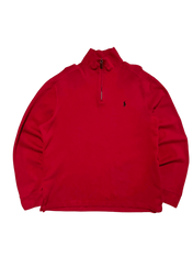 Piros vintage félcipzáras pulóver hímzett logóval, streetwear stílus